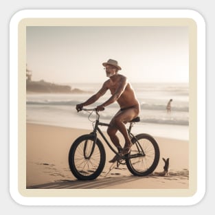 Elderly jolly man on bicycle riding on beach Sticker